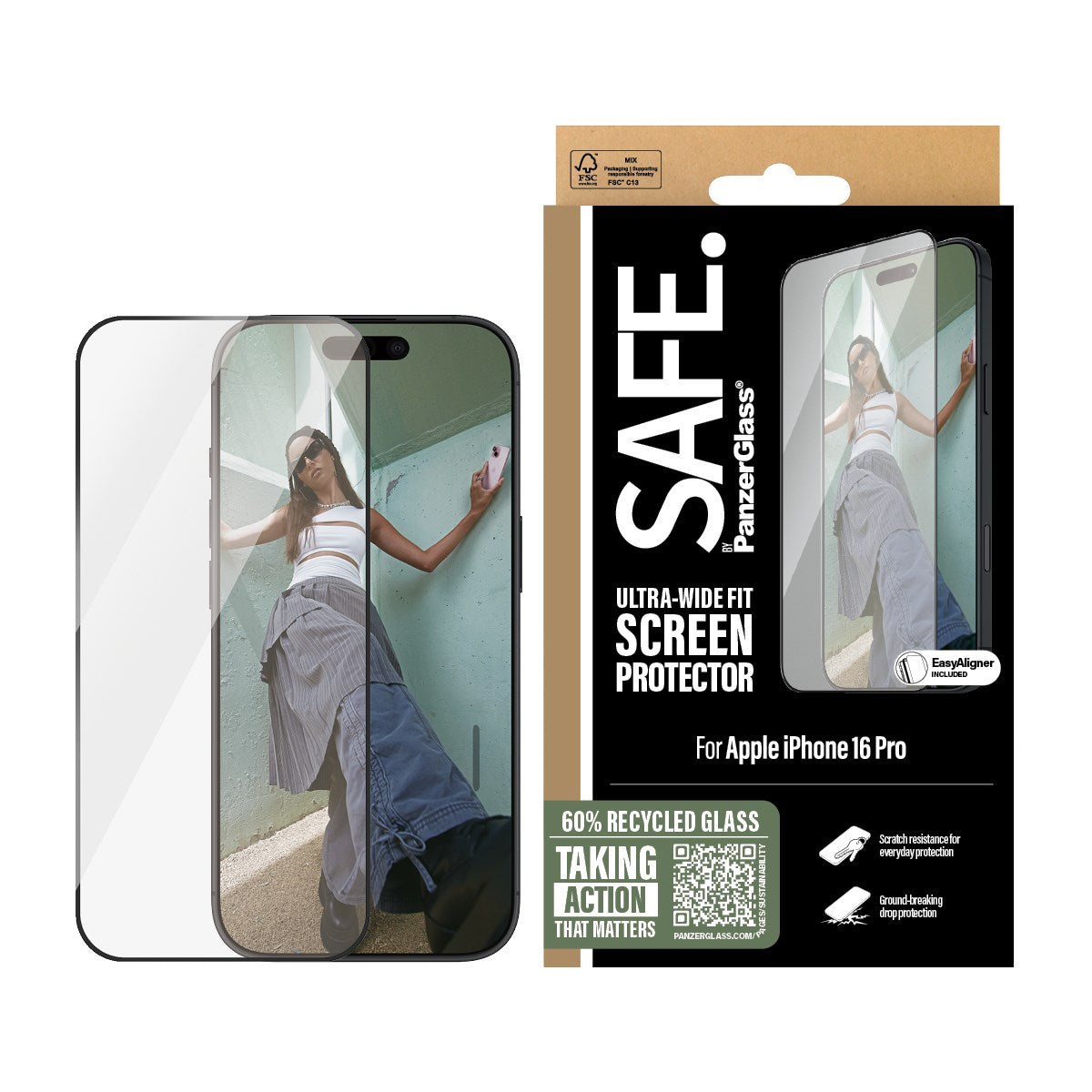 SAFE. by PanzerGlass® Displayschutz m. Schwarz Rahmen iPhone 16 Pro | Ultra-Wide Fit
